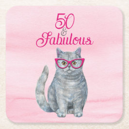 50 & Fabulous Cat, Pink und Gray, 50. Geburtstag Rechteckiger Pappuntersetzer