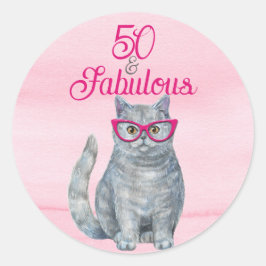 50 & Fabulous Cat, Pink und Gray, 50. Geburtstag Runder Aufkleber