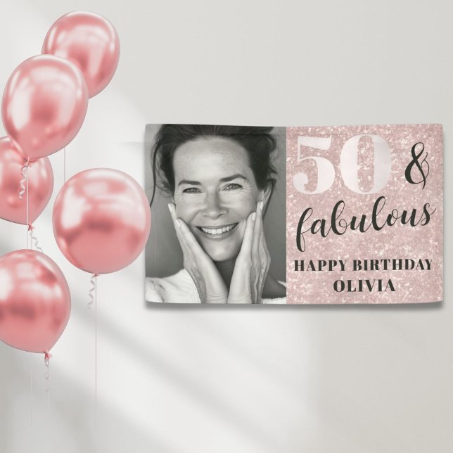 50 & Fabulous Chic Pink Glitzer & Foto Geburtstag Banner (Von Creator hochgeladen)