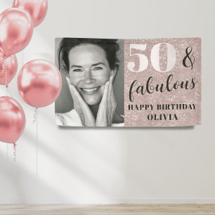 50 & Fabulous Chic Pink Glitzer & Foto Geburtstag Banner