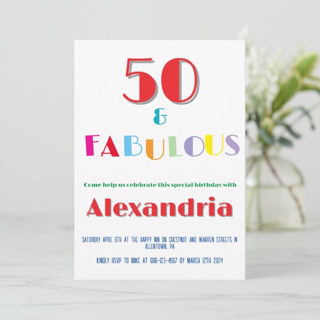 50 & Fabulous Colorful Modern Birthday Invitation Einladung (Stehend Vorderseite)
