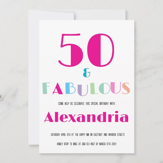 50 & Fabulous Colorful Modern Birthday Invitation Einladung (Vorderseite)