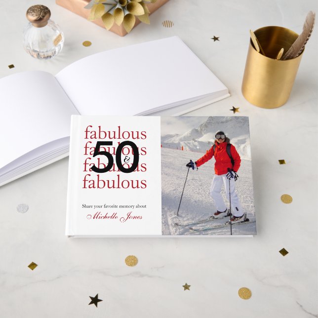 50 & Fabulous Custom Photo Name 50th Birthday Gästebuch (Vorderseite Offen)