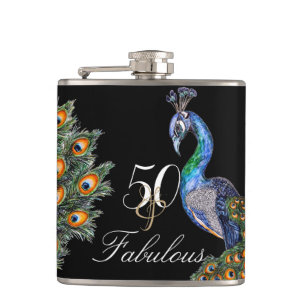 50 & Fabulous Elegant Watercolor Peacock Geburtsta Flachmann