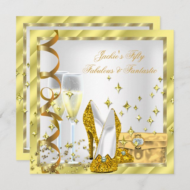 50 & Fabulous Fantastic White Yellow Gold Geburtst Einladung (Vorne/Hinten)