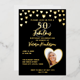 50 & Fabulous Geburtstag Foto Glam Black & Gold Folieneinladung