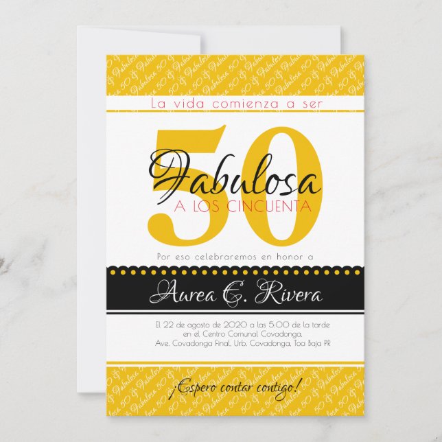 50 & Fabulous gelb Spanisch / Fabulosa amarillo Einladung (Vorderseite)