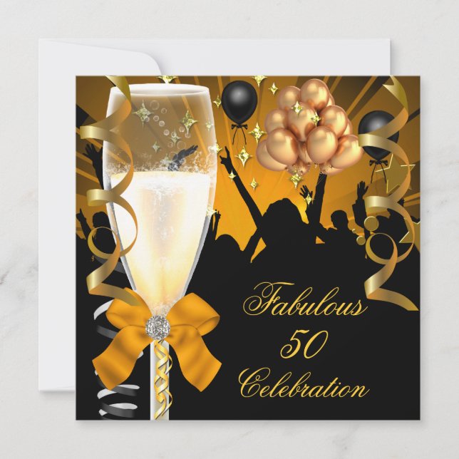 50 & Fabulous Gold Black Birthday Champagne Einladung (Vorderseite)