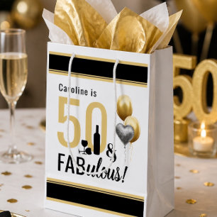 50 & Fabulous Gold & Black Modern Geburtstag Mittlere Geschenktüte