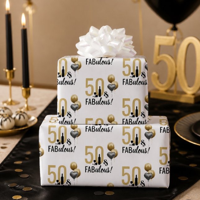 50 & Fabulous Gold & Black Modern Geschenkwrap Geschenkpapier (Von Creator hochgeladen)