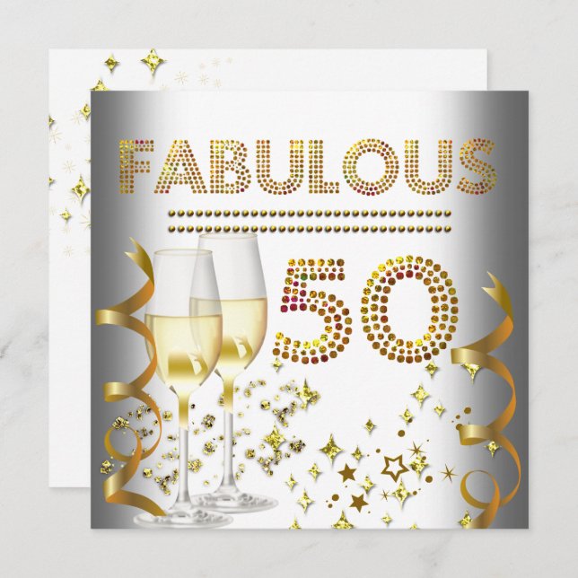 50 fabulous Gold Champagner Einladung (Vorne/Hinten)