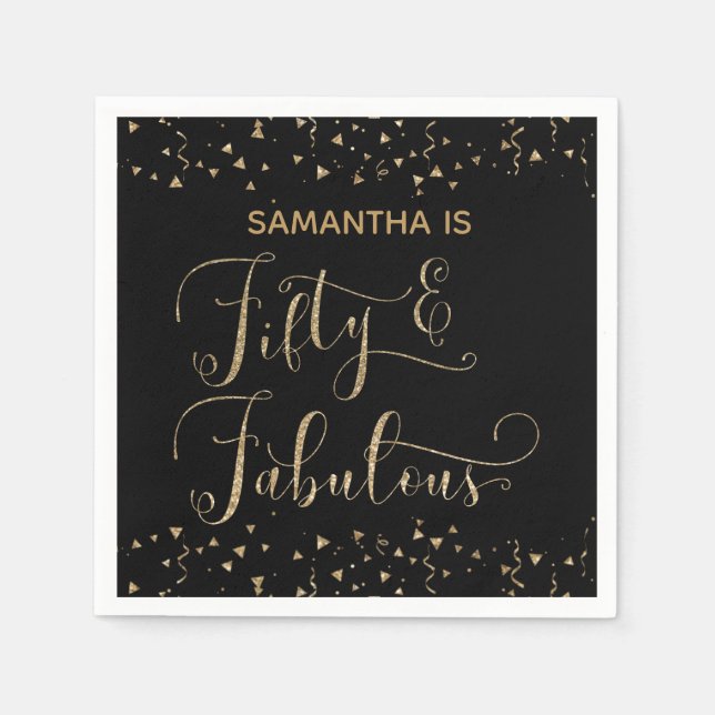 50 & Fabulous Gold Glitzer & Confetti Black Serviette (Vorderseite)
