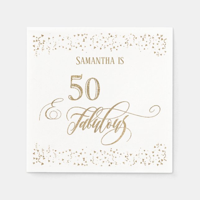 50 & Fabulous Gold Glitzer Confetti White Serviette (Vorderseite)