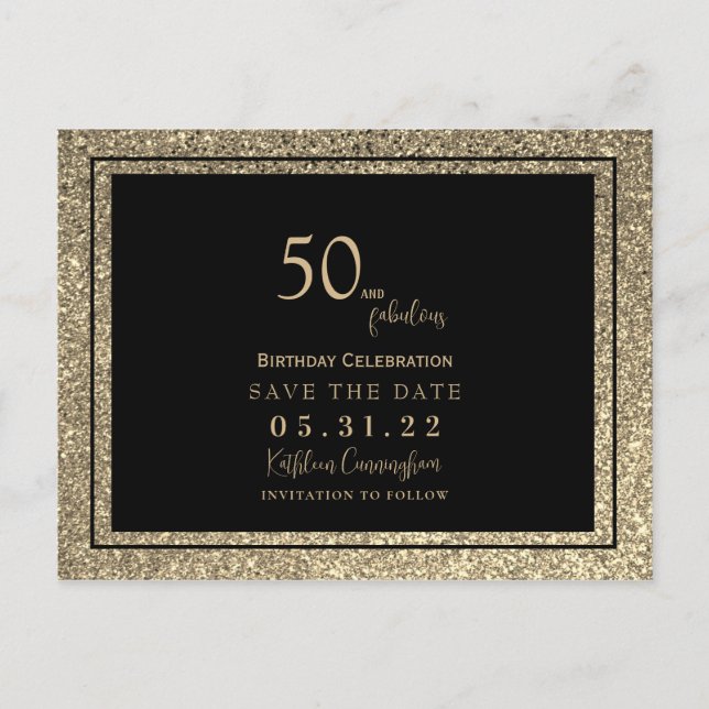 50 & Fabulous Gold Glitzer Glam Save the Date Postkarte (Vorderseite)