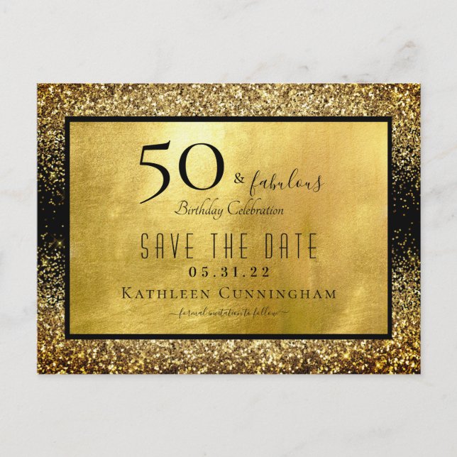 50 & Fabulous Gold Glitzer Save the Date Postkarte (Vorderseite)