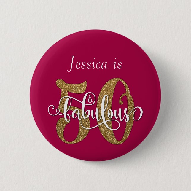 50 & Fabulous Gold Glitzer Typografie Himbeere Button (Vorderseite)