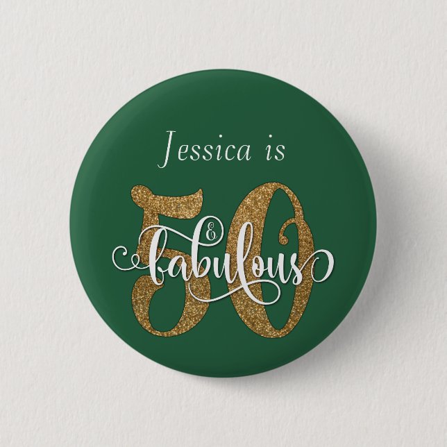 50 & Fabulous Gold Glitzer Typografie Leaf Green Button (Vorderseite)