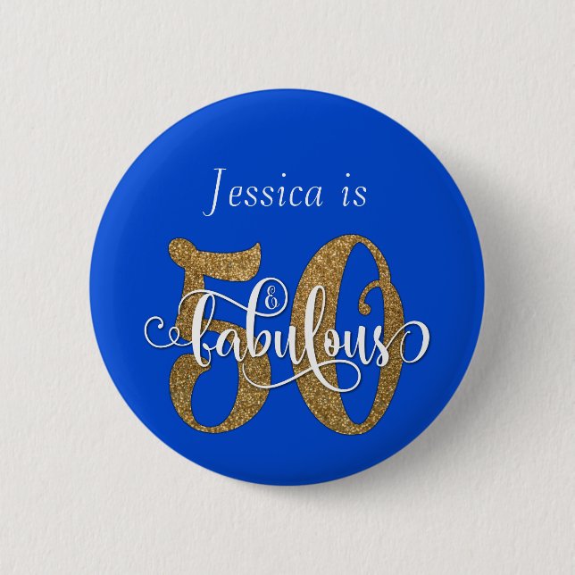 50 & Fabulous Gold Glitzer Typografie Royal Blue Button (Vorderseite)
