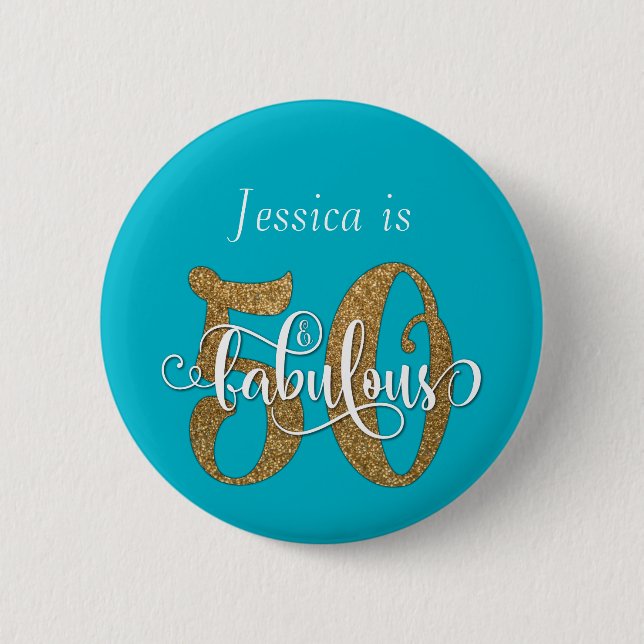 50 & Fabulous Gold Glitzer Typografie Scuba Blue Button (Vorderseite)