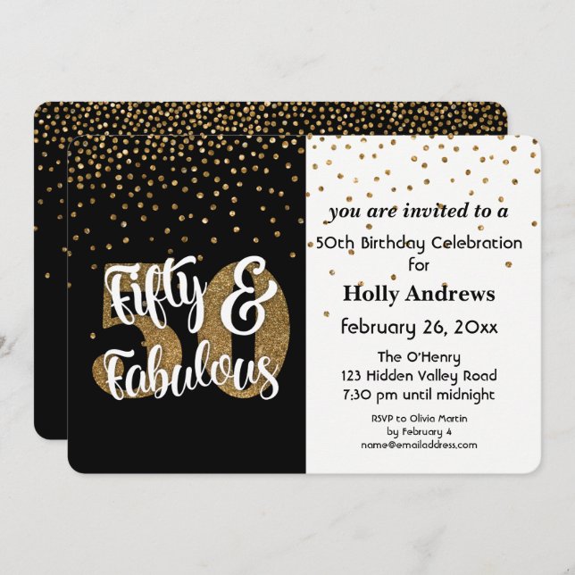50 & Fabulous Gold Imitats Glitzer Geburtstagspart Einladung (Vorne/Hinten)