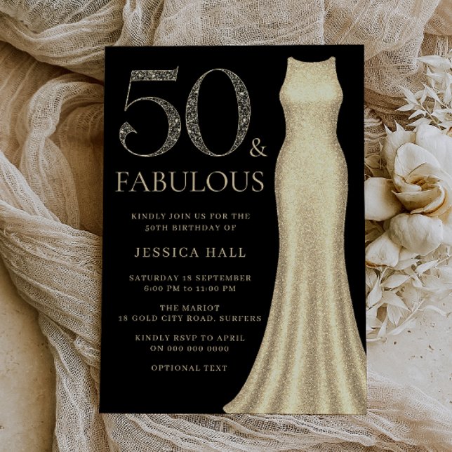 50 & Fabulous Golden Sparkle Dress 50. Geburtstag Einladung (Von Creator hochgeladen)