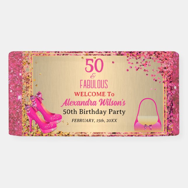50& Fabulous High Heels Gold Hot Pink Glitzer Glam Banner (Horizontal)