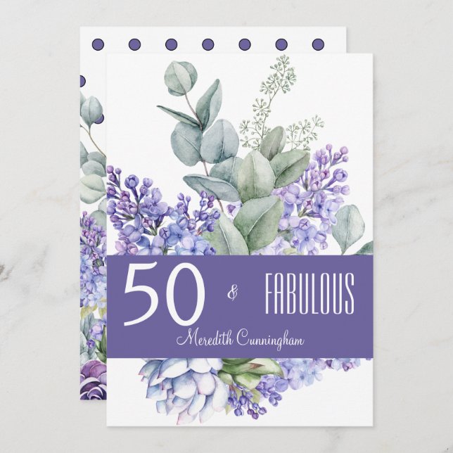 50 & Fabulous Lavender Floral Wasserfarbe Einladung (Vorne/Hinten)