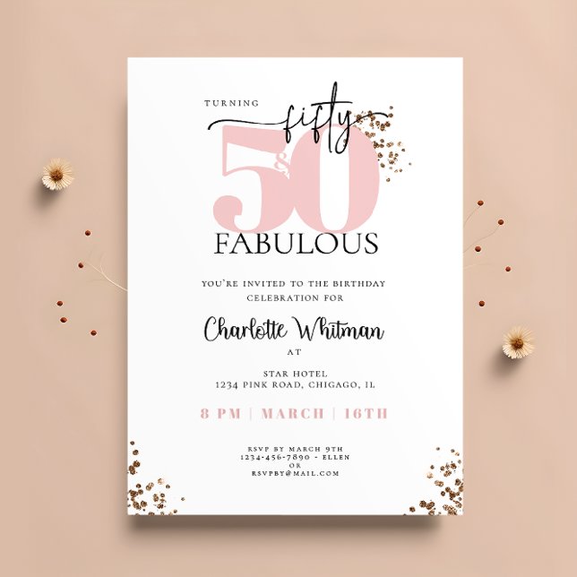 "50 & Fabulous" Minimal Rosa und Schwarzer Glitzer Einladung (Von Creator hochgeladen)