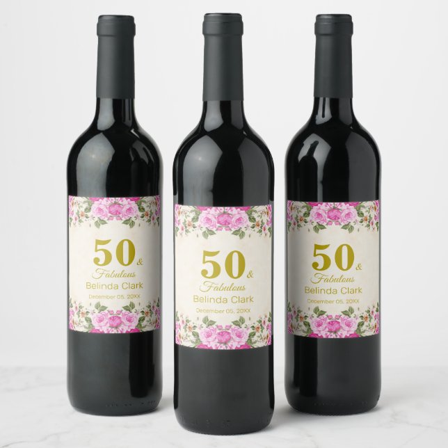 50 & Fabulous mit Blume auf Sparkling Wine Be Weinetikett (Flaschen)