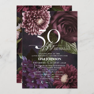 50 & Fabulous Modern Dark Moody Burgundy Floral Einladung