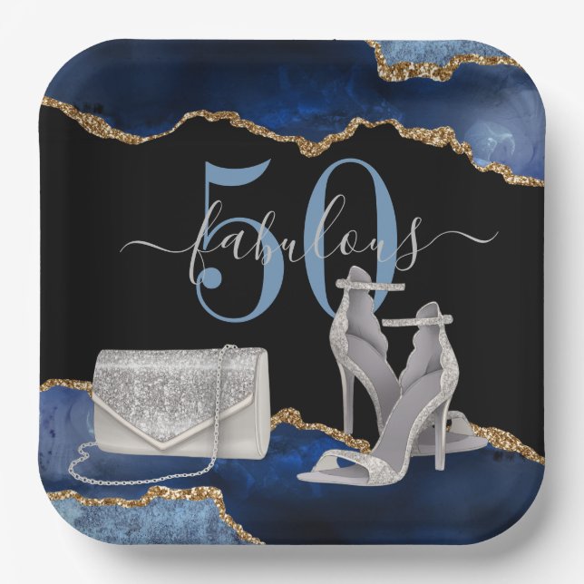 50 Fabulous Navy Black Agate Gold Glitzer Pappteller (Vorderseite)