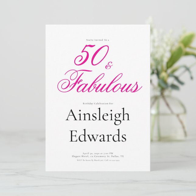 50 & Fabulous Pink Fiftieth Birthday Party Einladung (Stehend Vorderseite)