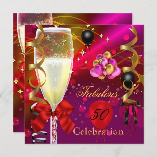 50 & Fabulous Pink Red Gold Black Birthday Party Einladung (Vorne/Hinten)