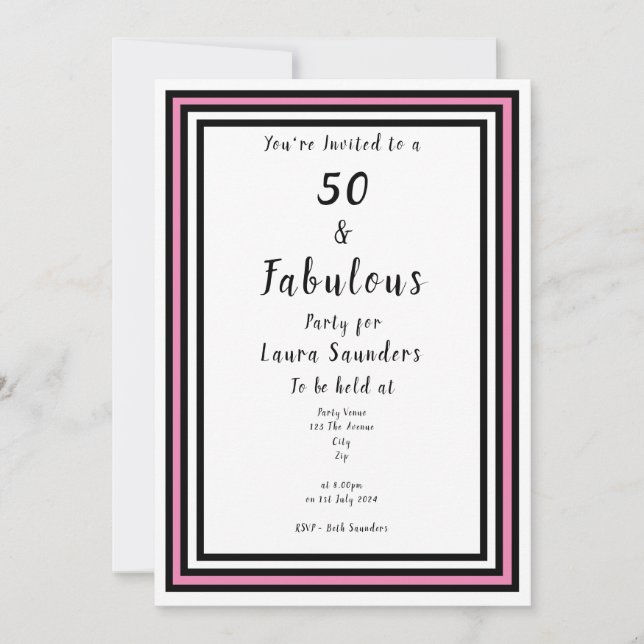 50 & Fabulous Pink und Black Party Einladung (Vorderseite)
