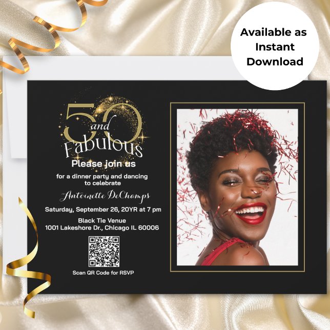 50 & Fabulous QR Code Black Gold Instant Download Einladung (Two-sided 50 & Fabulous Elegant 1 Photo Personalizable Invitation for Mailing and Instant Download.)