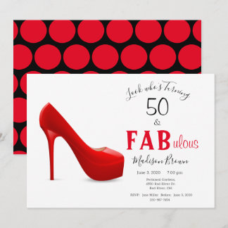 50 & Fabulous Red Black Girly Stilleto Geburtstag Einladung
