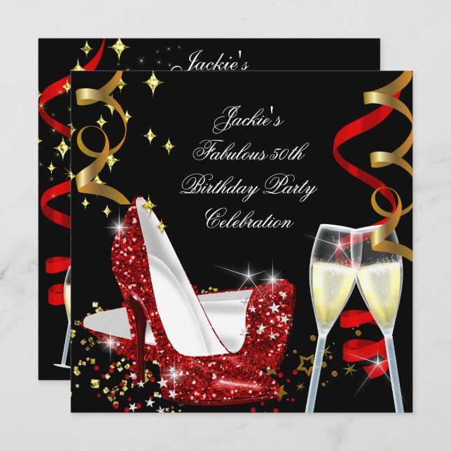 50. Fabulous Red Glitzer High Heel Geburtstag Einladung (Vorne/Hinten)