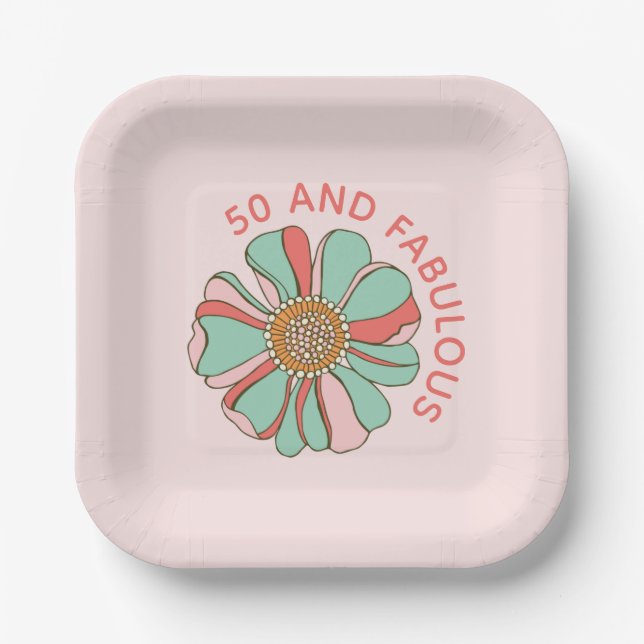 50 & Fabulous Retro Pink Floral Pappteller (Vorderseite)