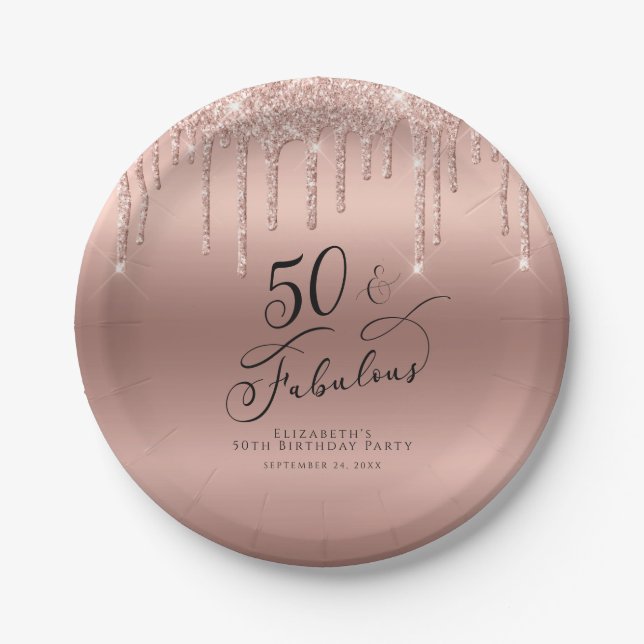 50 Fabulous Rose Gold Glitzer Personalisiert Pappteller (Vorderseite)