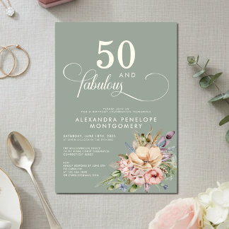 50 & Fabulous Sage Green Floral  Birthday Einladung