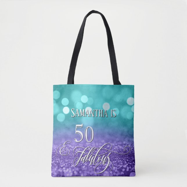 50 & Fabulous Script Sparkling Aquamarin Lila Ombr (Vorderseite)