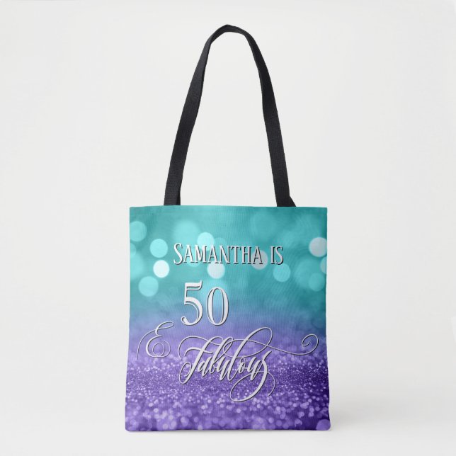 50 & Fabulous Script Sparkling Aquamarin Lila Ombr (Vorderseite)