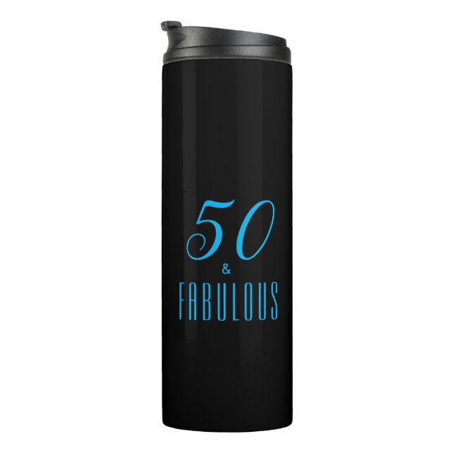 50 & Fabulous Sky Blue Black Birthday Thermosbecher (Nach rechts gedreht)