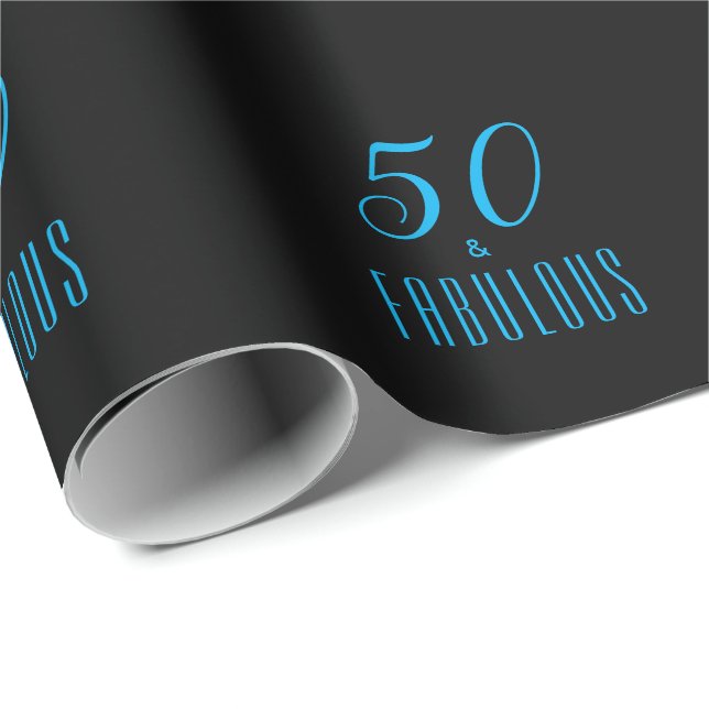 50 & Fabulous Sky Blue Black Geschenkpapier (Rolleneckpunkt)