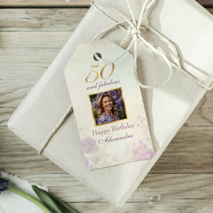 50 & Fabulous Vintag Lila Gold Floral Geburtstag Geschenkanhänger
