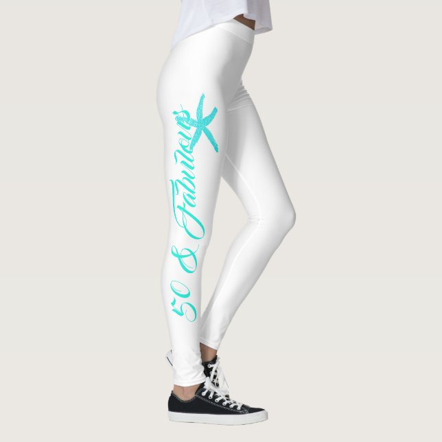 50 & Fabulous White Aquamarin Blue Aqua Starfish C Leggings (Rechts)