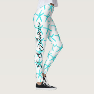 50 & Fabulous White Aquamarin Blue Starfish Muster Leggings
