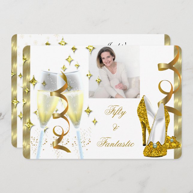 50 & Fantastic Elegant Champagner Heelse Gold Foto Einladung (Vorne/Hinten)