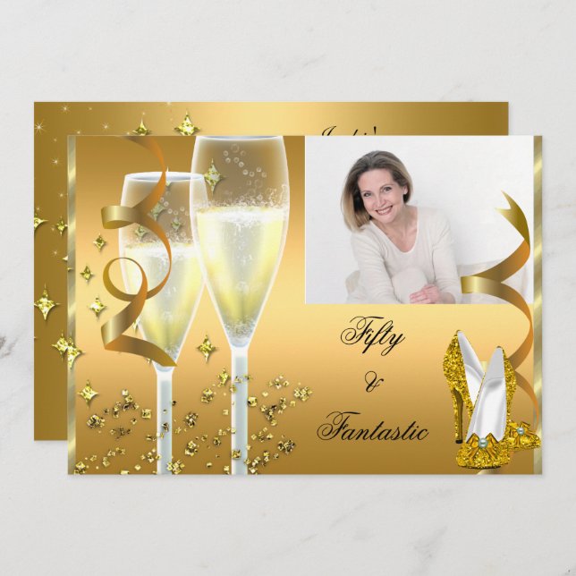 50 & Fantastic Elegant Champagner Shoes Gold Foto Einladung (Vorne/Hinten)