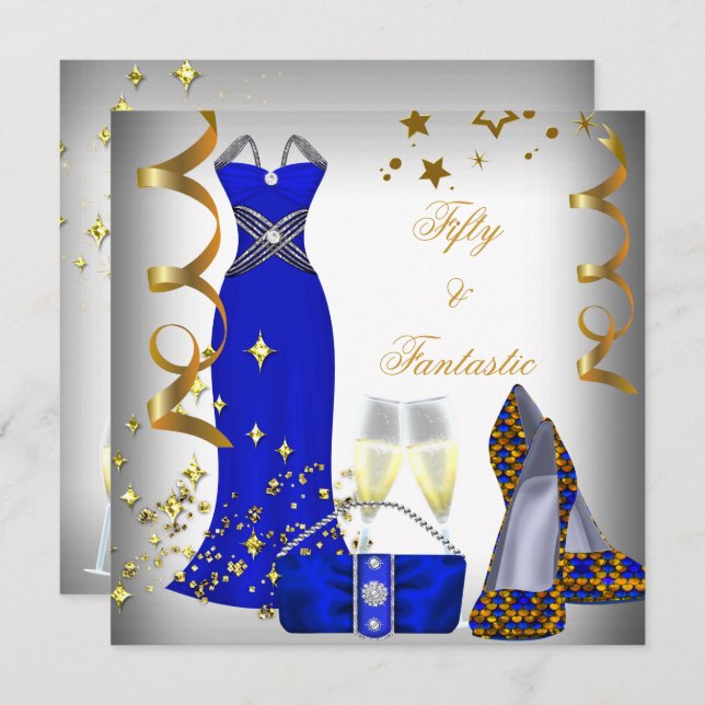 50 & Fantastic White Dress Blue Sequins Geburtstag Einladung (Vorne/Hinten)